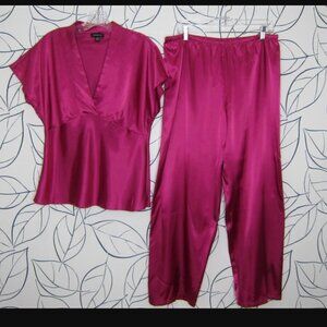 Jones NY Intimates 2 Pc Fushia Pink Satin Pajama Set Top & Pants Size L New!